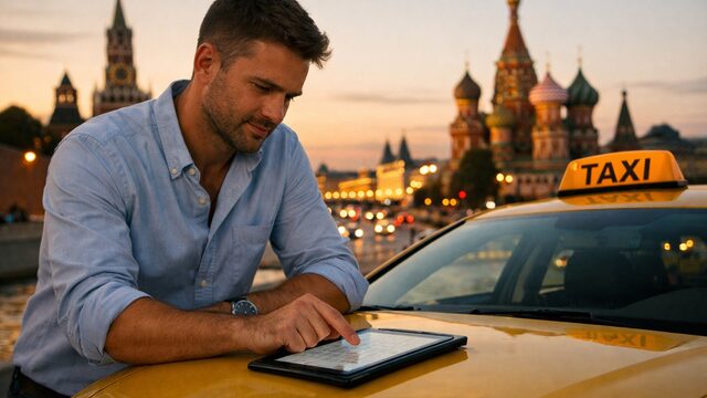 Арендованный автомобиль такси на стоянке вечером